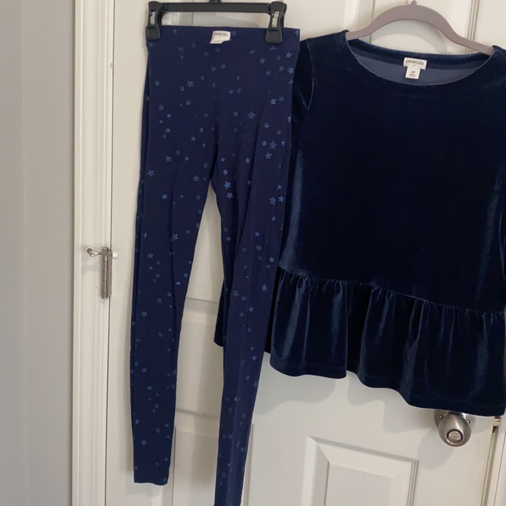 Crewcuts 12 Christmas outfit Navy velvet top AND glitter leggings